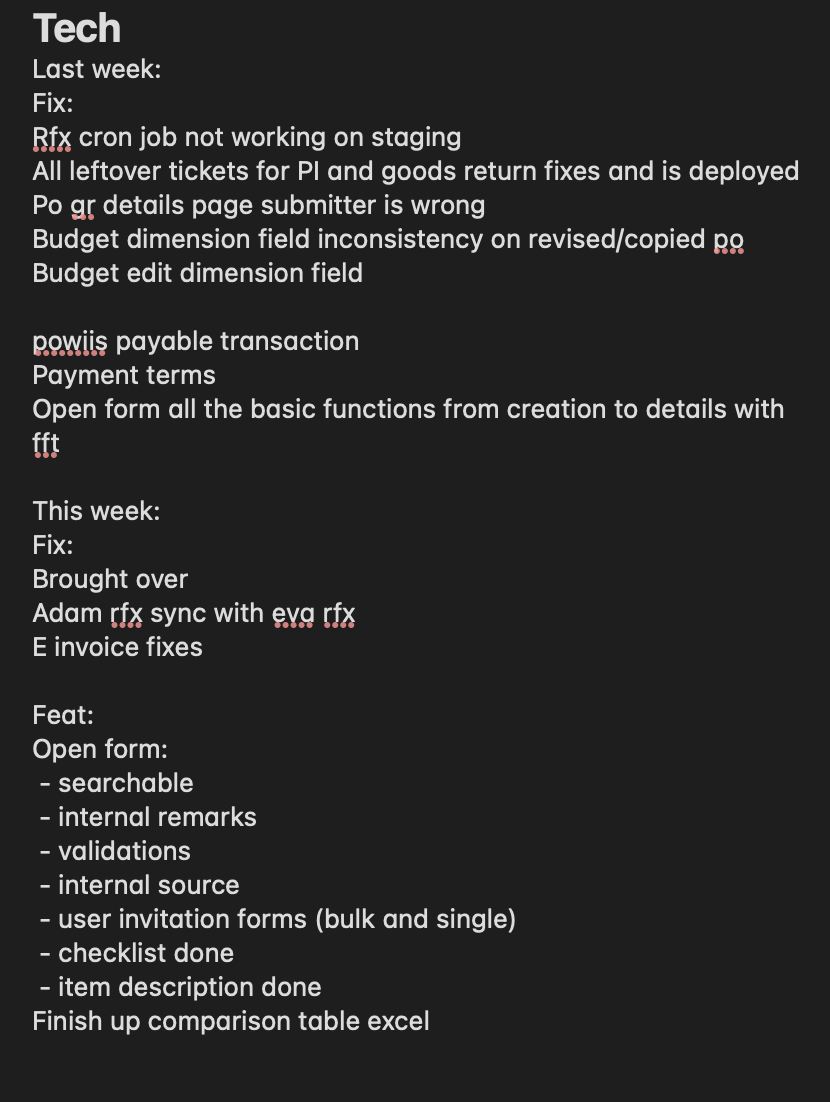 development day to day, weekly progress