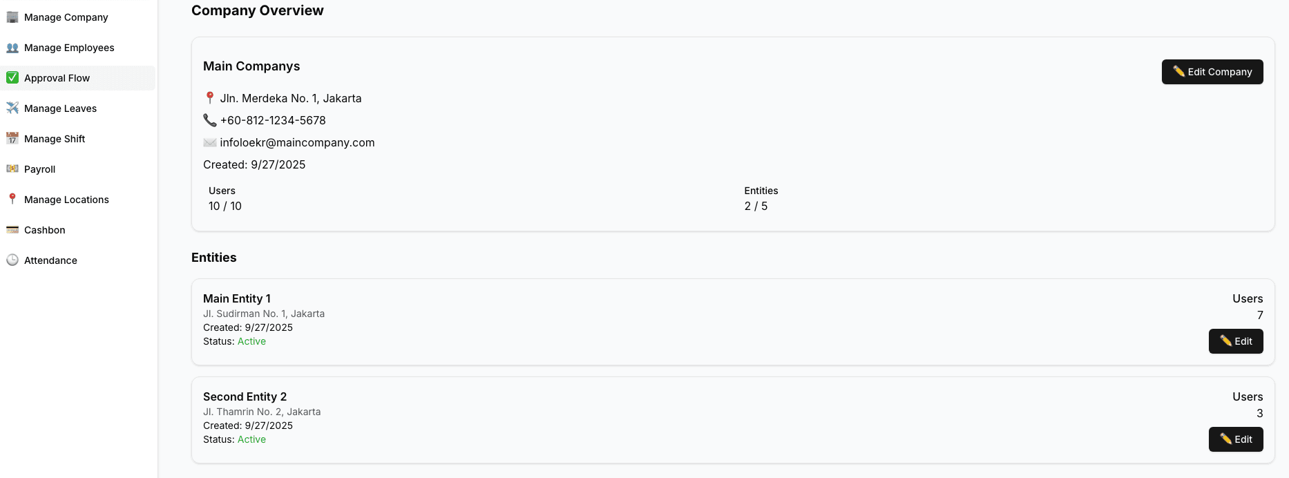 company preview, and to manage company and entities.